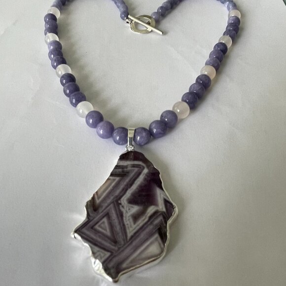 Amethyst Pendant Aquamarine and Agate Beads Necklace and Pierced Earring… - Picture 5 of 7